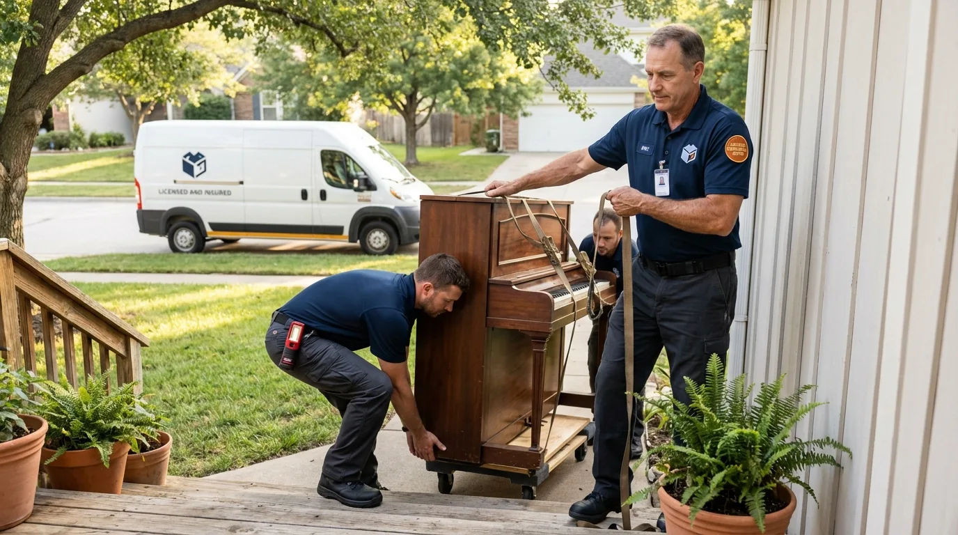 Licensed piano movers securing grand piano in Chardon, OH