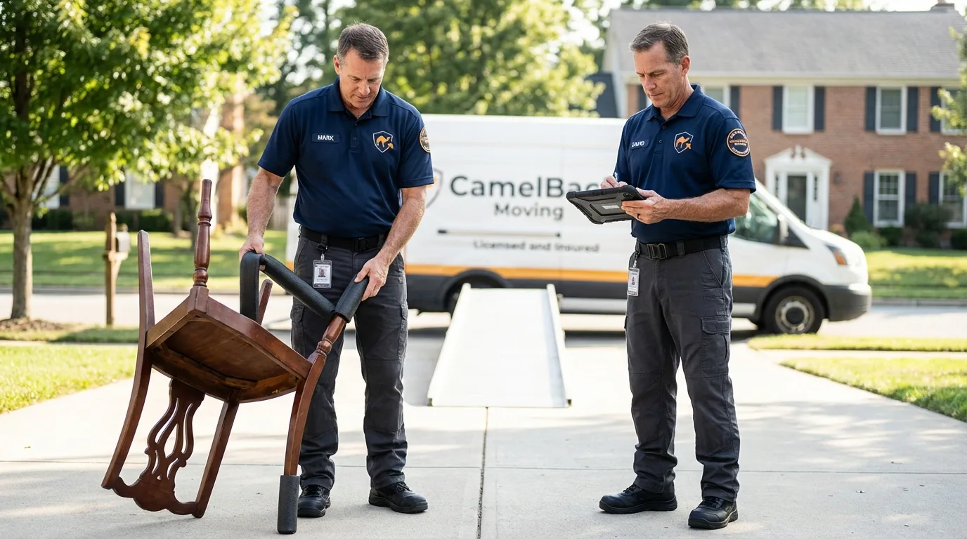 Movers inspecting furniture for damage prevention before loading in Chardon, OH
